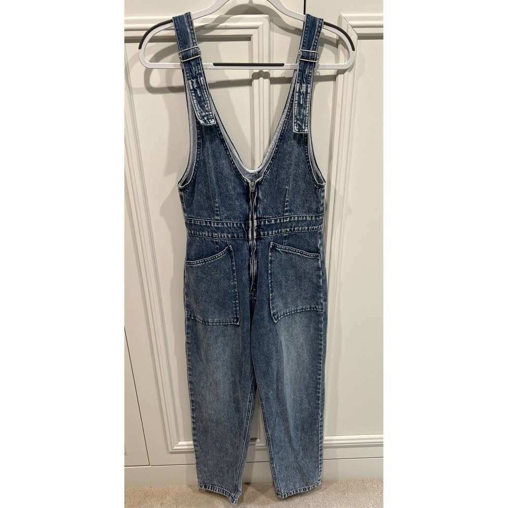 Forever‎ 21 Zip Front Denim Overalls Patch Pocket Boho Retro Medium Wash